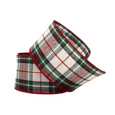 a plaid ribbon with red and green checks on it's side, against a white background