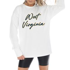 Embrace effortless game day style with this West Virginia Mountaineers Oversized Long Sleeve T-Shirt from Gameday Couture. Made from midweight cotton fabric, this tee provides a comfortable and relaxed feel that's perfect for game day or any casual occasion. Its oversized fit and dropped shoulders allow for a full range of motion, so you can cheer on the West Virginia Mountaineers in total comfort and style. Oversized Sporty T-shirt For Fall, Collegiate Game Day Tops With Letter Print, Collegiate Letter Print Tops For Game Day, Collegiate Relaxed Fit Tops For Football Season, Relaxed Fit School Spirit T-shirt For Fall, Collegiate Oversized Top With Graphic Print, Oversized Collegiate Top With Graphic Print, Oversized Collegiate Cotton Top, Sporty Oversized T-shirt For Game Day