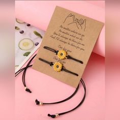 Nwt 2 Pieces Adjustable Tightest Diameter Size Is 2.4 Inches Sunflowers And Black Bracelets Embellished Fashion, Bracelet Sets, Sunflower Decor, Birthday Box, Black Bracelets, Flower Decor, String Bracelet, Bracelet Tutorial, Box Gift