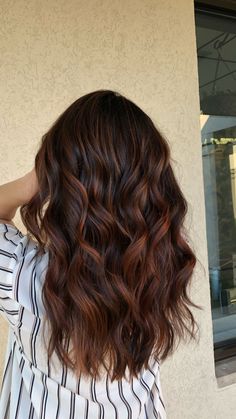 Autumn Balayage Brunette, Dark Copper Balayage Black Hair, Red Balayage Dark Hair, Red Hair Brunette Balayage, Brown Hair With Subtle Red Highlights, Red Balayage On Dark Brown Hair, Dark Autumn Balayage, Reddish Brown Balayage On Black Hair, Dark Hair Auburn Balayage