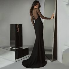 Elegant Black Mermaid Mother of the Bride Dress – Fashionsarah.com Black Dress With Back Opening For Wedding, Backless Mermaid Wedding Dress With Sweep Train, Backless Mermaid Dress With Sweep Train For Wedding, Backless Mermaid Wedding Dress With Back Opening, Elegant Evening Wedding Dress With Sheer Bodice, Floor-length Mermaid Wedding Dress With Back Opening, Floor-length Mermaid Dress With Back Opening For Wedding, Evening Dress With Sheer Sleeves And Backless Design, Elegant Prom Gown With Sheer Sleeves