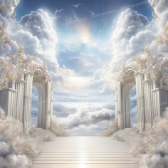 an open door to heaven with clouds and birds in the sky