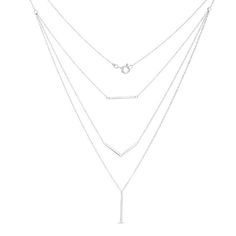 Raise the fashion bar with this geometric three-tier necklace. Crafted in sterling silver, the chain drops at alternating lengths feature horizontal bar, chevron, and vertical bar details. Buffed to a brilliant luster, this 20.0-inch cable chain necklace secures with a spring-ring clasp. Zales Zales, Tiered Necklace, Vertical Bar, Cable Chain Necklace, Strand Necklace, White Metal, Necklace Designs, Cable Chain, Spring Rings