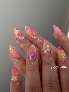 Nail inspo Jelly Flower Nails, Sculpted Flower Nails, Flower Pink Nails, Italy Inspired Nails, Beachy Nails, Tropical Nails, Summery Nails