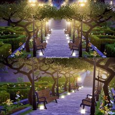 an animated park with benches and lights at night