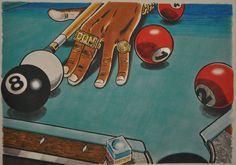 a drawing of a pool table with eight ball and hand on it, next to several other billiards