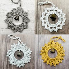 four crocheted ornaments with bells hanging from them on a wooden surface, all in different colors