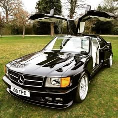 a black mercedes benz coupe parked in the grass with its doors open and hood up