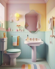 a bathroom with pastel colors and decor