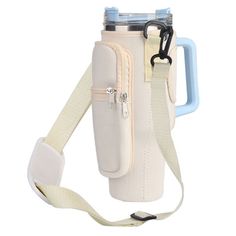 a water bottle holder with strap attached to the back of it, on a white background