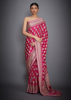 Ri.Ritu Kumar-Fuchsia Floral Saree With Unstitched Blouse-INDIASPOPUP.COM Ritu Kumar Saree, Reception Sarees, Marriage Ideas, Floral Print Sarees, Happy Stuff, Ritu Kumar, Embroidered Saree, Desi Clothes, Satin Saree