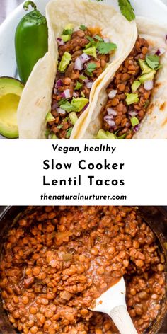 vegan, healthy slow cooker lentil tacos with avocado and cilantro