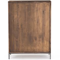 an old wooden cabinet with metal legs and wood grained finish on the front, against a white background