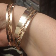 These Are Rose Gold And You Get All The Bangles! Elegant Rose Gold Braided Bracelets As Gift, Rose Gold Double Band Jewelry Gift, Rose Gold Metal Bangle With Bracelet Strap, Elegant Metal Band Bracelets, Elegant Metal Band Bracelet, Adjustable Rose Gold Cuff Bracelet, Adjustable Rose Gold Braided Bracelets, Trendy Gold Band Jewelry, Elegant Rose Gold Band Jewelry