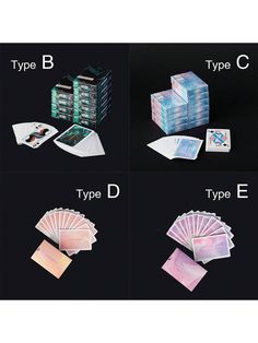 four different types of cards and envelopes with the words type b, type c, type d