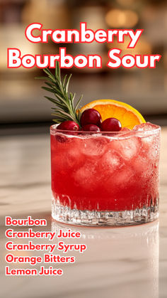 Cranberry Bourbon Sour Cranberry Bourbon Sour, Christmas Bourbon Cocktails, Cranberry Martini, Cocktail Cards, Bourbon Sour, Hey Bartender, Bitter Lemon, Orange Bitters