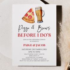 a pizza and beer themed birthday party is featured on the front of this white card