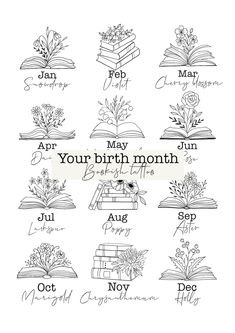 an image of books with the words your birth month written on them in black and white