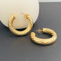 These twisted hoop earrings are a captivating combination of classic elegance and modern sophistication. These hoops have a unique and eye-catching design. The twisted pattern along the hoops adds an artistic touch, creating a sense of movement and fluidity. The twist hoops are lightweight and comfortable, perfect for everyday wear. Their versatile design allows them to transition from casual outings to formal events seamlessly. The secure closure ensures these earrings stay in place, providing Thick Gold Hoops, Golden Hoops, Chunky Hoop Earrings, Large Hoop Earrings, Gold Dipped, Pandora Bracelet, Gold Hoops, Circle Earrings, Gold Charm