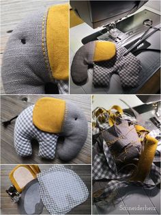 several pictures of an elephant made out of fabric