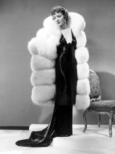 size: 24x18in Photo: Claudette Colbert, in Travis Banton Gown and White Fox Fur Coat, c.1935 : Entertainment Claudette Colbert, Star Costume, Mae West, Fur Coat Vintage, 30s Fashion, Marlene Dietrich, Fox Fur Coat, 1930s Fashion, Vintage Fur