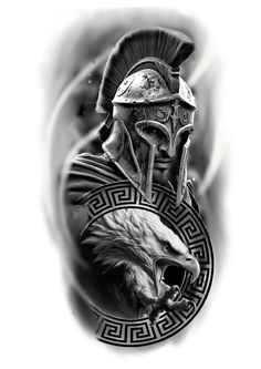 a black and white photo of a spartan with an eagle on it's shoulder