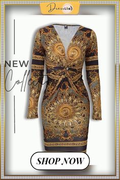 Retro Print Twist Front Long Sleeve Dress P14364 Elegant Long Sleeve Floral Bodycon Dress, Elegant Printed Mini Dress For Fall, Elegant Long Sleeve Printed Mini Dress, Elegant Printed Mini Dress For Party, Chic Long Sleeve Dresses With Baroque Print, Printed Dresses For Night Out In Fall, Chic Long Sleeve Baroque Print Dresses, Elegant Printed Dresses For Night Out, Fall Night Out Printed Dresses