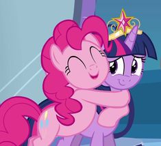 two pinkie ponies hugging each other in front of a mirror with a star on it