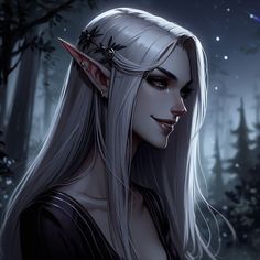 a woman with long white hair and horns on her head in the woods at night