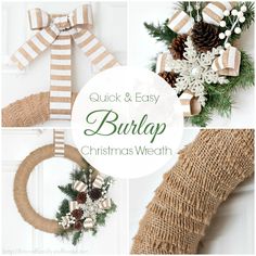 a collage of christmas items including wreaths, bells and ribbons with the words our & county burlap written on them