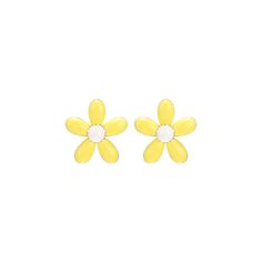 two yellow flower shaped earrings with white stones on each earring, one in the shape of a daisy