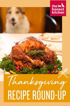 a turkey sitting on top of a table next to a dog