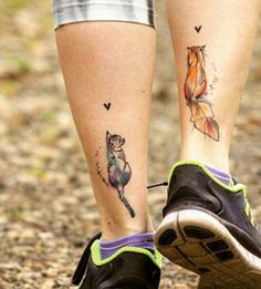 two tattoos on the legs of people with cats and birds tattooed on their ankless