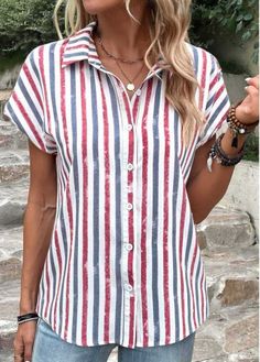 #shortsleeve #turndown #button #turndowncollar #stylish #stylishblolsue #party #modern #casual #tshirt #striped #casualblosue #blosue Blouse With Collar, Casual Tshirt, Chic Shirts, Trendy Tops For Women, Shirts Women Fashion, Blouse Material, Casual Stripes, Color Shirt, Elegant Shirt