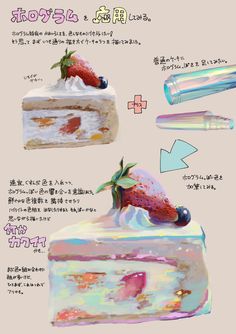 a piece of cake with frosting and strawberries on top is shown in japanese