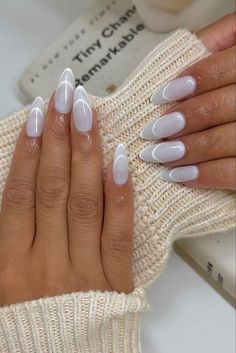 Milky White Nails for 2024 Milky Nails French Tip, Double White French Nails, Milky White Almond Nail Ideas, Milky White Almond Nails With Design, Milky White Nails With Design French, Double French Almond Nails, Milky White French Tip Nails Almond, Milky White Nails With Design Almond, White Milky Nails Design