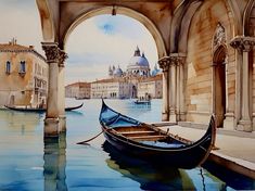 a painting of a gondola on the water under an arch in venice, italy