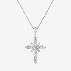 This women's cross pendant necklace adds sophisticated sparkle to any outfit. Made from 10K White Gold, it features baguette and round-cut Lab-Grown Diamonds prong set into an ornate shaped pendant. Features: Adjustable, Religious Jewelry, Quick ShipDiamond Clarity: Si2-I1Jewelry Closure: Spring Ring ClaspSetting: ProngShape: CrossStone Cut: RoundDiamond Color: G-HMetal Color: WhiteChain Length: 18 InchRounded Carat Weight: 1/3 Ct. T.w.Chain Construction: BoxCare: Wipe CleanStone Type: 23 Lab Gr White Crucifix Necklace In Fine Jewelry Style, White Crucifix Necklace Fine Jewelry, White Diamond-cut Pendant Cross Necklace, White Diamond Cut Pendant Cross Necklace, White Diamond Crucifix Necklace, White Cross Necklace With Adjustable Chain, Classic White Cross Necklace, White Gold Cross Pendant, Cross Pendant Necklace