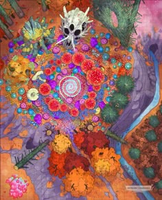 an artistic painting with flowers and skulls in the center, surrounded by other colorful objects