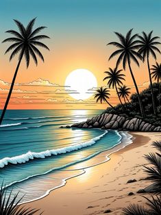 a painting of palm trees and the ocean at sunset