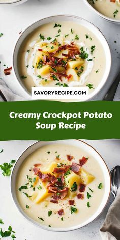 two bowls of creamy crockpot potato soup with bacon