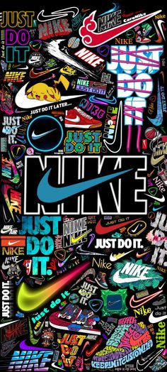 the nike logo is surrounded by many different types of stickers and logos on it