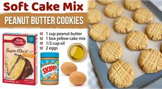 an advertisement for soft cake mix with peanut butter cookies and eggs on a baking sheet