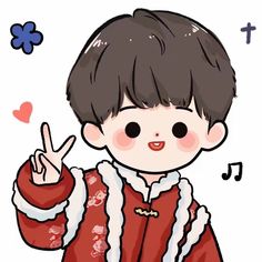 a drawing of a young boy making the peace sign with his hand and wearing a red coat