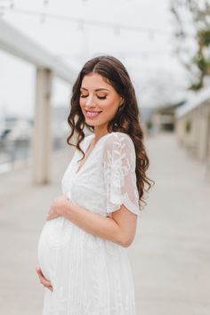 Short Bell Sleeves, Maternity Maxi Dress, Maternity Maxi, Sheer Shorts, Pregnancy Maxi Dress, Scalloped Trim, Mesh Overlay, Maternity Clothes, White Lace