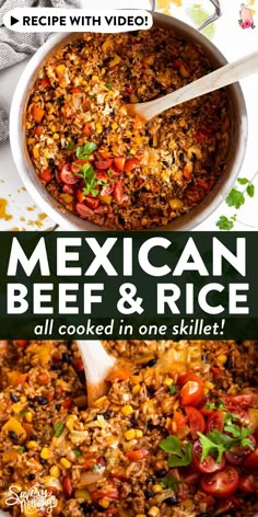 mexican beef and rice recipe in one skillet with the title text overlaying