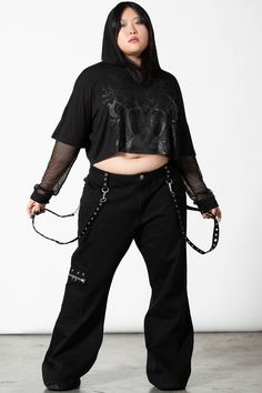 DARK FORCES.- Soft touch, stretch fabric.- Long fishnet sleeves.- Statement black-on-black print.- Text reads 'Dark forces'- Cuffed sleeves.- Large hood.- Relaxed fit.Model wears a size M.With KILLSTAR branding, 95% Rayon, 5% Elastane.