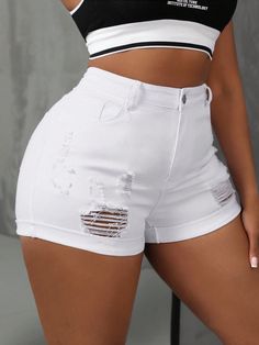 Plus Size White Distressed Denim High Stretch Rolled Hem Shorts White    Denim Plain Skinny High Stretch  Women Plus Clothing, size features are:Bust: ,Length: ,Sleeve Length: Bum Shorts Outfits, Bum Shorts, Plus Size Denim Shorts, Plus Size White, Sun Hats For Women, Summer Style Casual, Distressed Denim Shorts, Rolled Hem, White Collar