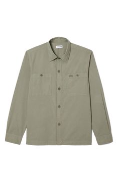 Crisp cotton poplin makes an ideal light layer in this button-up overshirt finished with a pair of patch pockets and a tonal logo patch. Point collar Long sleeves with adjustable button cuffs 100% cotton Machine wash, tumble dry Imported Cotton Poplin, Patch Logo, Patch Pocket, Button Up, Nordstrom, Long Sleeves, Collar, ? Logo, Long Sleeve