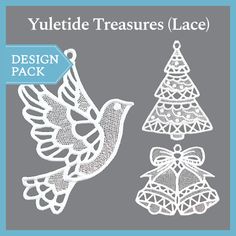 the design pack includes two christmas trees, a bird and a bell